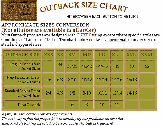 Outback Trading Company Size Chart